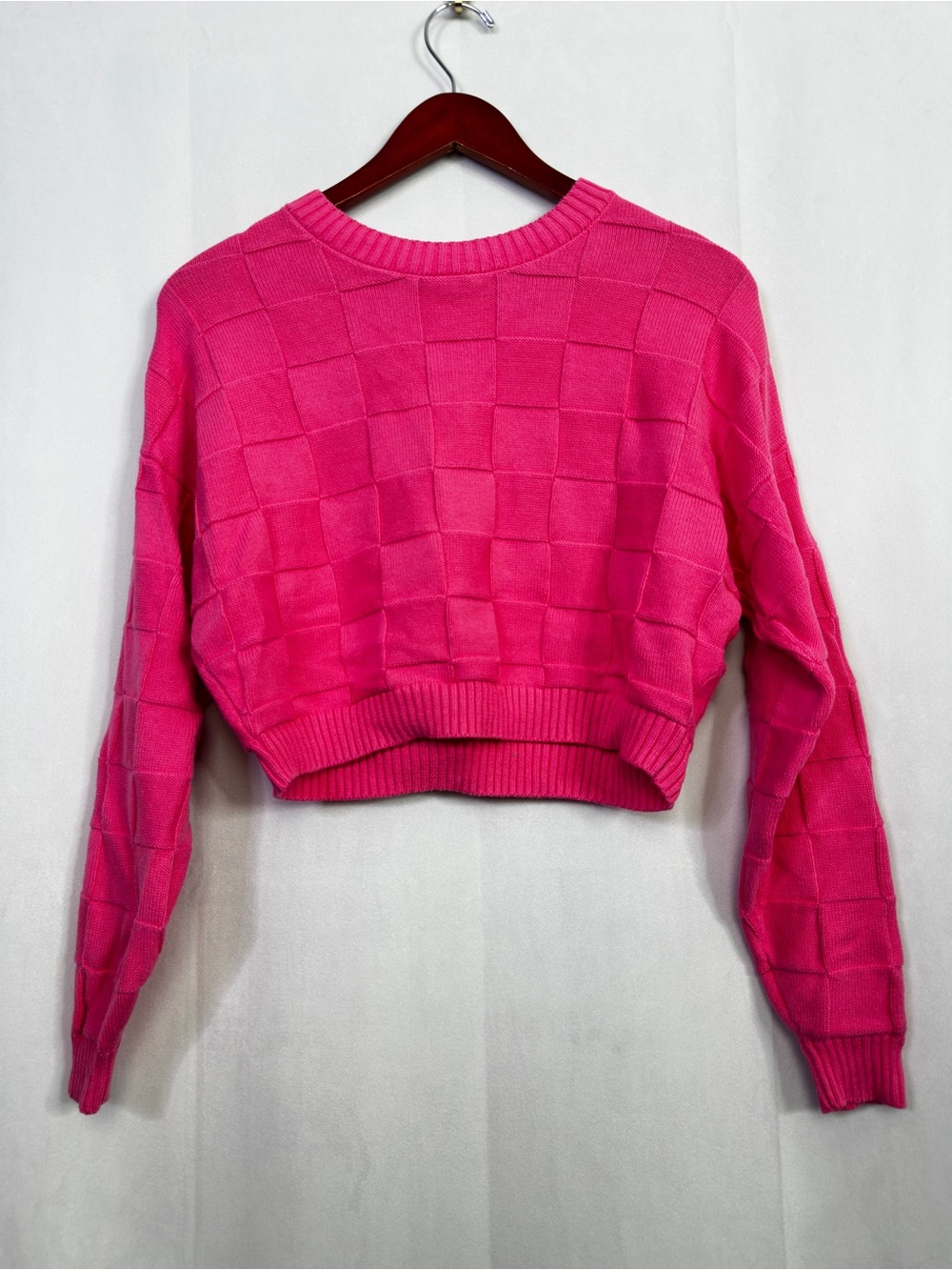 Hollister Cropped Pink Sweater Checkered Medium Textured Stretch Top Barbiecore